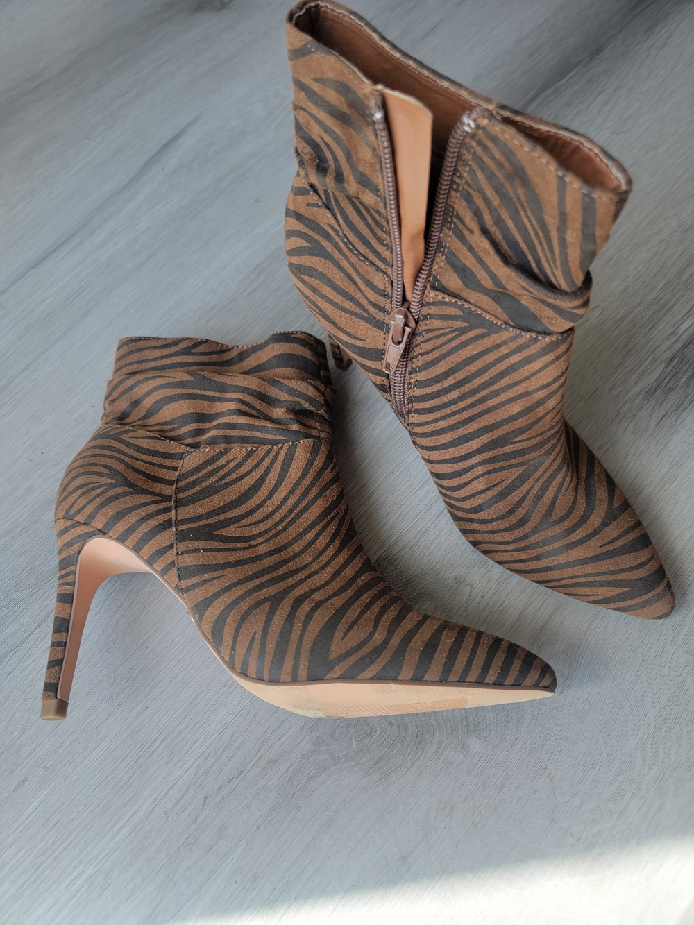 XOXO Brown and Black Zebra Print Pointed Toe Ankle Boots